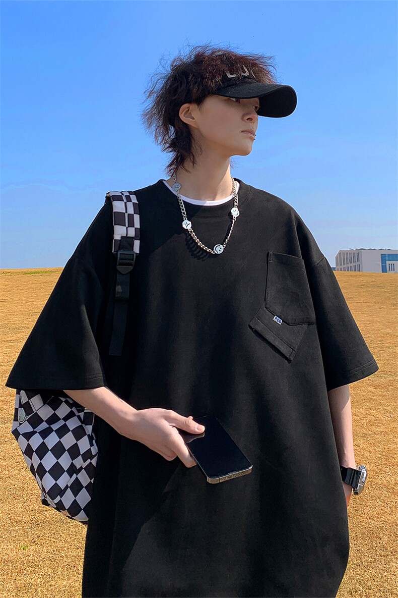 240克麂皮绒短袖T恤大码宽松拼接口袋情侣T恤109-T23610-P28,男装T恤,星座109