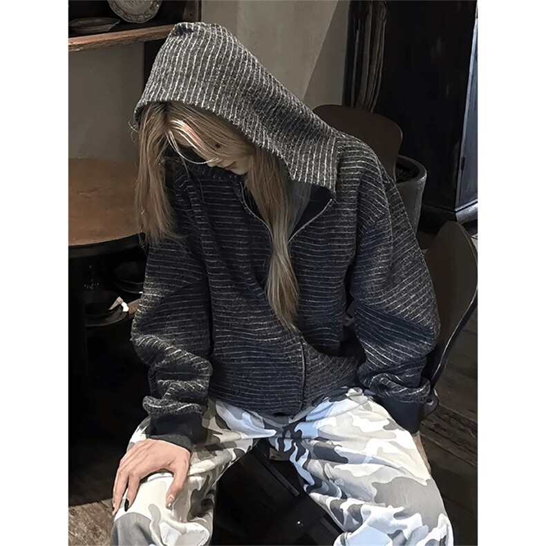 2025新款美式复古条纹拉链开衫连帽卫衣男女宽松休闲百搭情侣外套，女装短外套，四季星座505