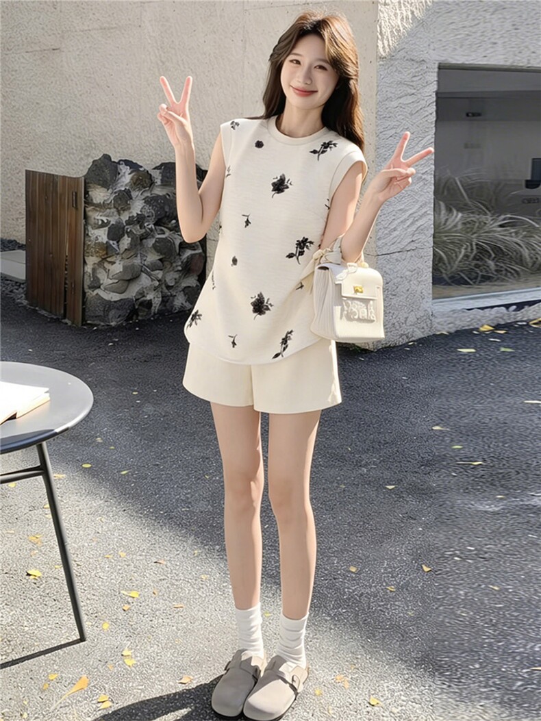 潮流时尚休闲套装女夏季新款宽松显瘦圆领无袖上衣阔腿短裤两件套,女装套装/套裙,江南