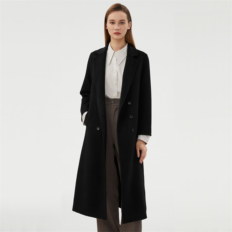 时尚百搭黑色双面呢大衣显瘦修身长款外套优雅气质女装，女装双面呢大衣，阿吉丽克