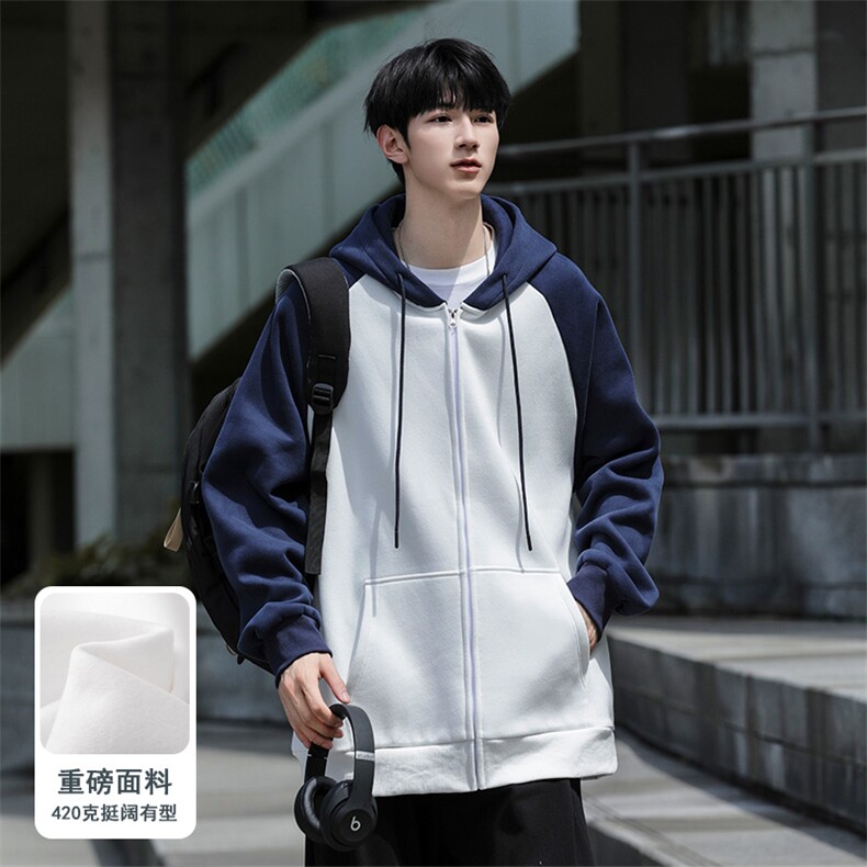 主推M-6XL大码420克重磅华棉秋季连帽拼色开衫卫衣109-W23618-P60图片