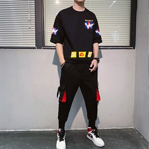 2021夏季男士新款运动休闲短袖套装印花短袖T恤套装男F164P75图片