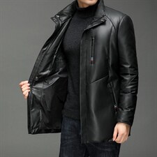 X2256秋冬新款海宁皮衣男士中长款绵羊皮鹅绒羽绒服翻领P640，男装皮衣，电商B360