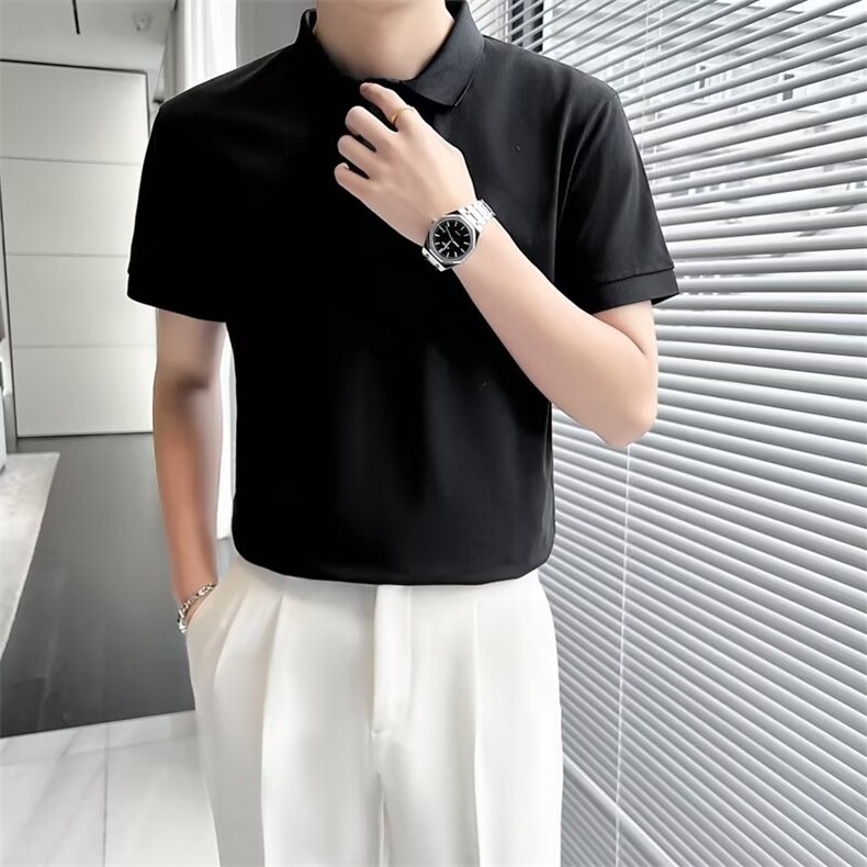 潮流短袖ins潮百搭简约纯色夏季2023POLO衫原宿日系男 T601图片