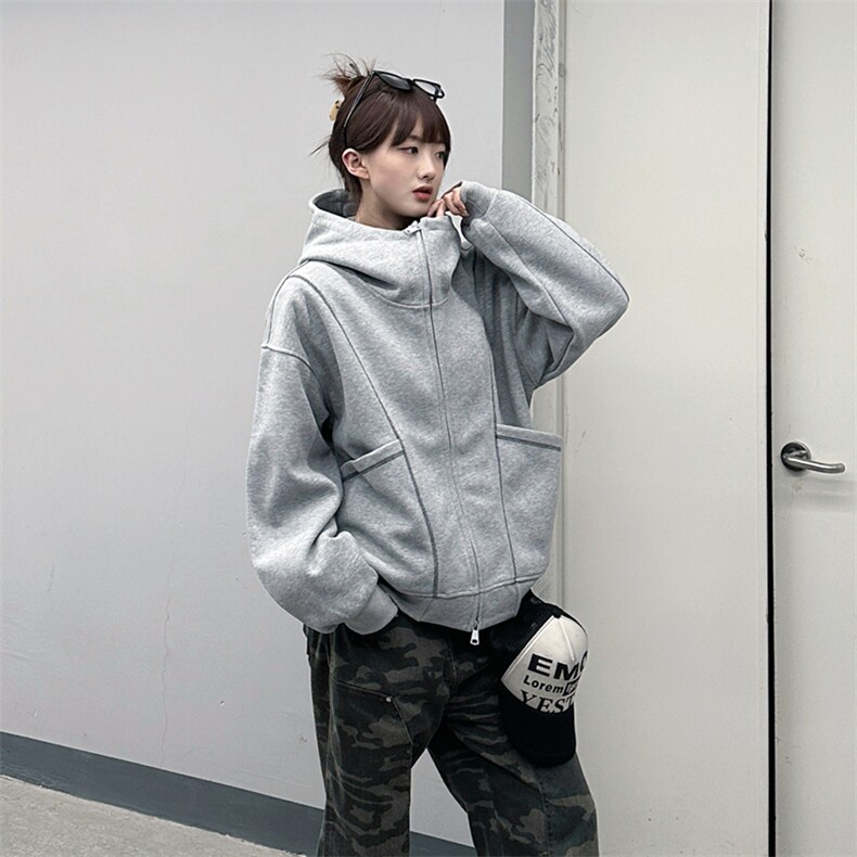 抖音得物高品质秋冬美式高街重磅结构辑明线纹理连帽卫衣外套W111,男装卫衣,电商A486