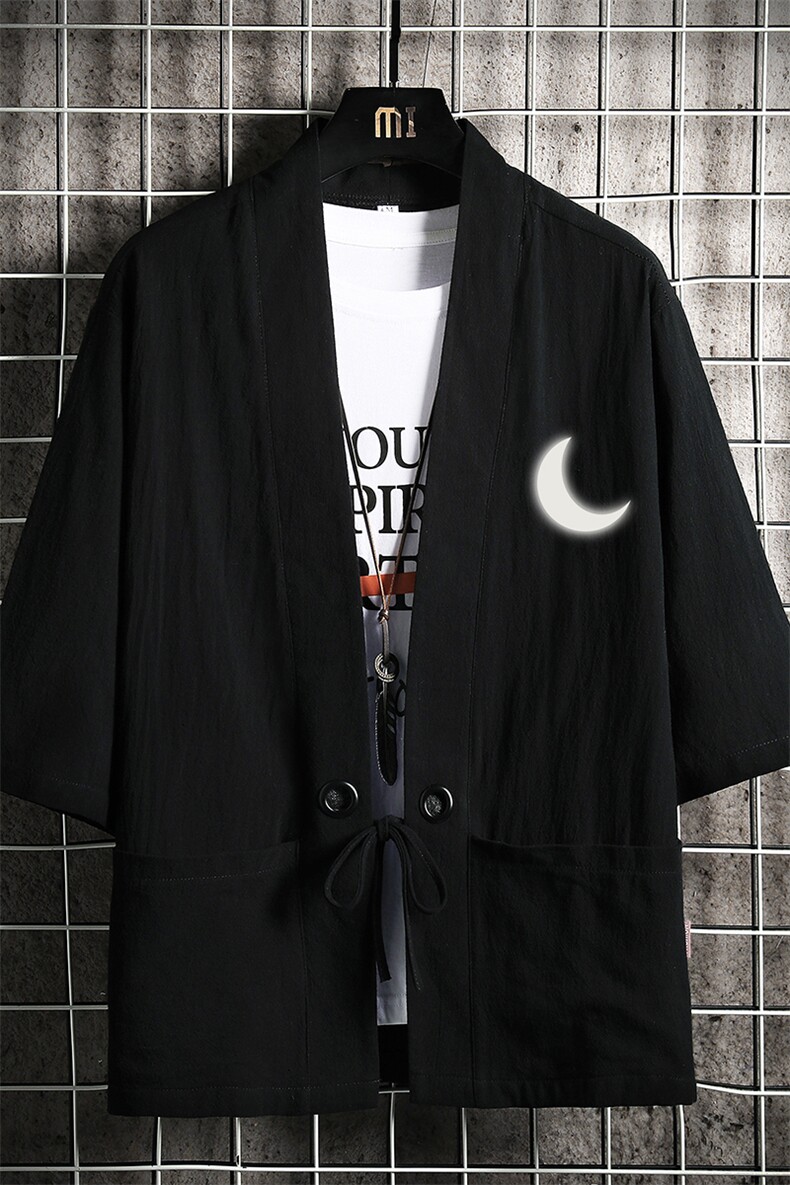 HF59055-P40风汉服男开衫外套七分袖道袍网格挂拍,男装民族服装,电商A040A