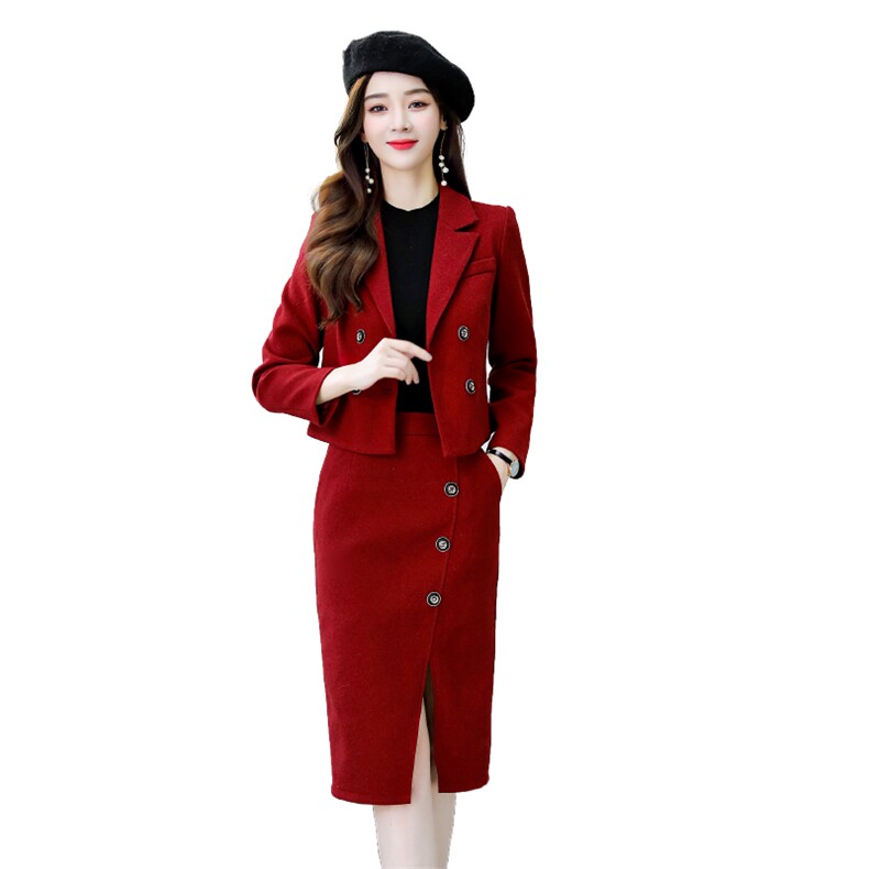 职业毛呢套装女2024春秋新款时尚气质女神范短款西装开叉裙两件套,女装套装/套裙,韩美纤衣