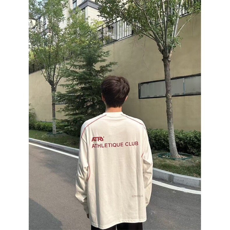 美式潮牌哈苏线撞色拼接长袖T恤男秋季新款ins宽松白色纯棉上衣服,男装T恤,星座601-1