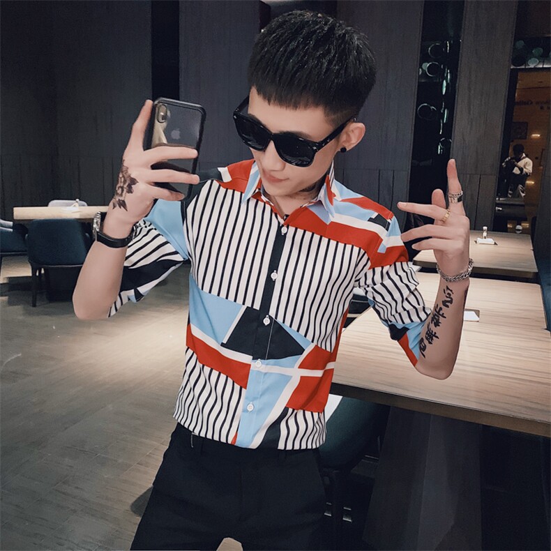 312A-233-P55新款社会小伙中袖衬衫韩版潮流男士五分袖衬衣C,男装T恤,星座312A-5