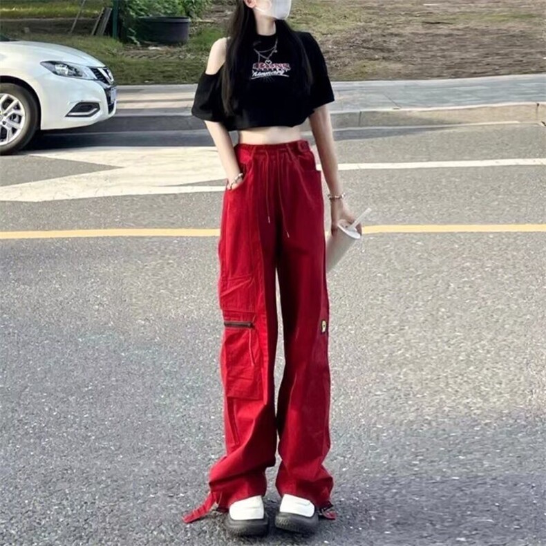 2024新款抽绳多口袋休闲裤女秋季设计感高街休闲阔腿直筒工装裤潮,男装休闲裤,星座506A