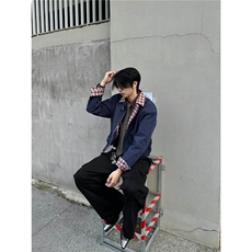 王一博沈月同款春秋格纹假两件飞行员夹克男老钱风假两件外套潮牌，男装夹克，星座506A