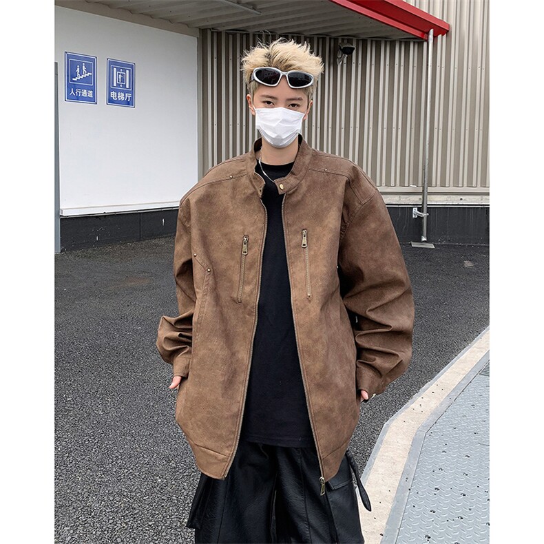 高级感水洗皮衣男士韩版潮流高街帅2024秋冬ins宽松外套W5882-P90，男装皮衣，星座412-2