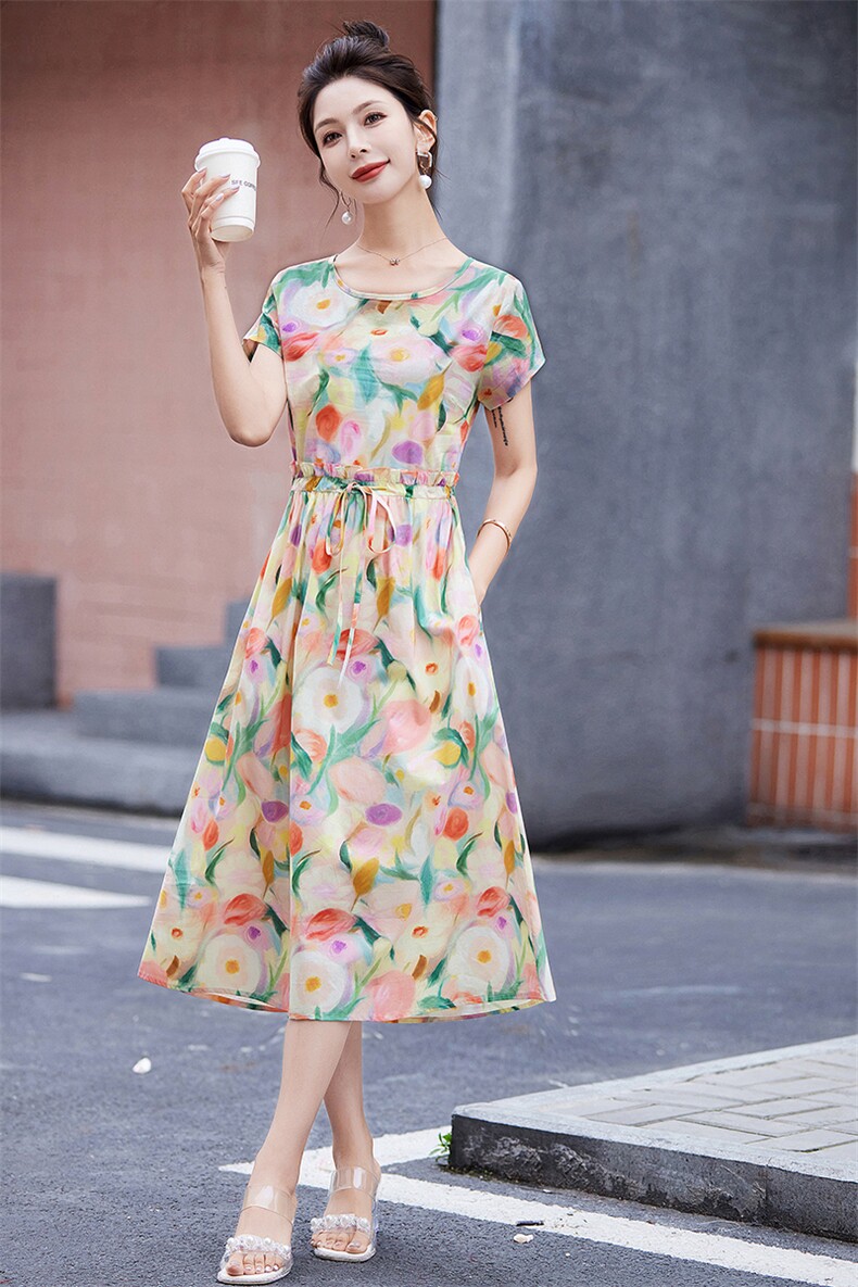 复古油画感碎花连衣裙女中长款2024夏季新款收腰显瘦气质纯棉裙子,女装连衣裙,鑫思依格