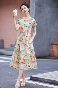 复古油画感碎花连衣裙女中长款2024夏季新款收腰显瘦气质纯棉裙子图片