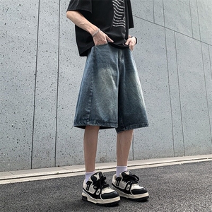 水洗弯刀牛仔短裤男女夏季潮牌宽松百搭阔腿中裤五分裤子DK920-42图片