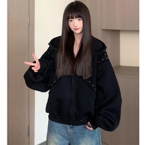 抖音得物高品质二开26春装美式高街铆钉拼接纯色开衫卫衣外套W122图片