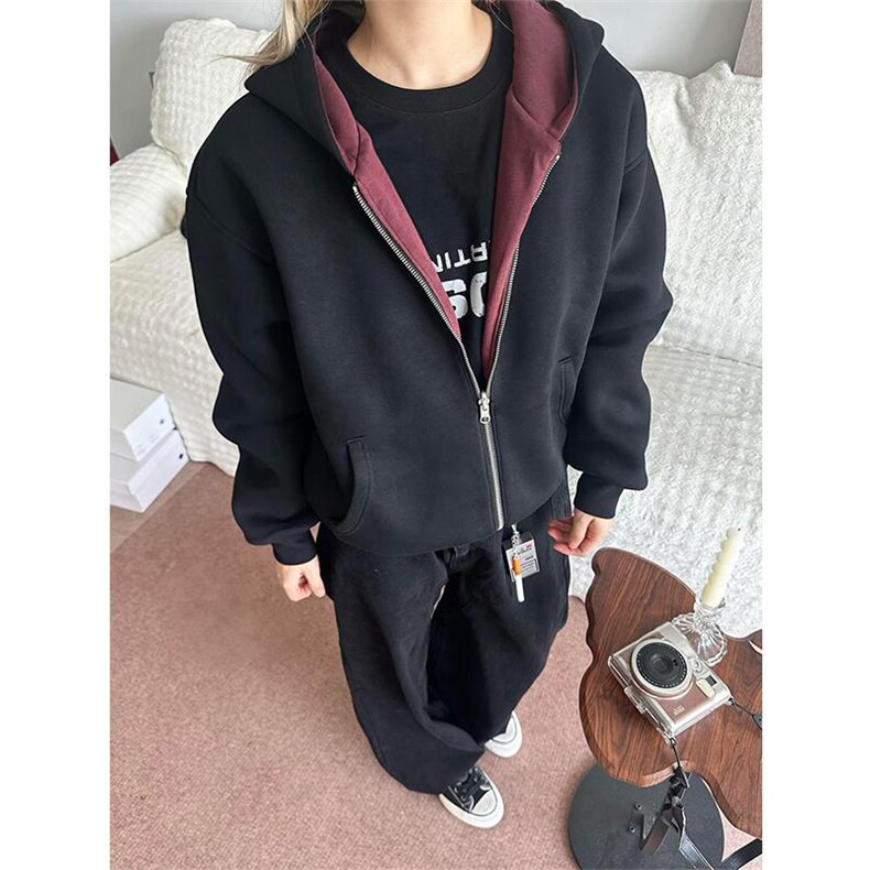 重磅高品质硬挺boxy26春装美式高街结构撞色拼接连帽卫衣开衫外套,女装短外套,电商A486