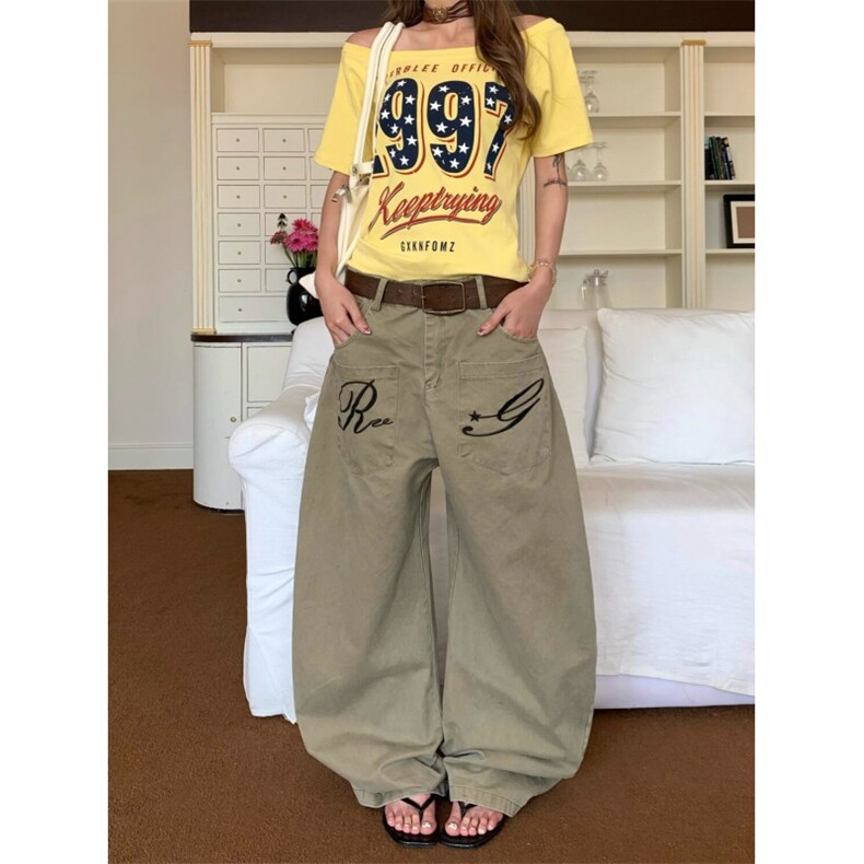 ZHLStudio美式复古刺绣字母阔腿弯刀裤女高个子工装休闲裤长裤子,男装工装外套,星座1210-1