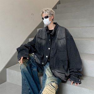 A903-P54 做旧复古渐变毛边牛仔外套男高级感小众休闲工装夹克图片