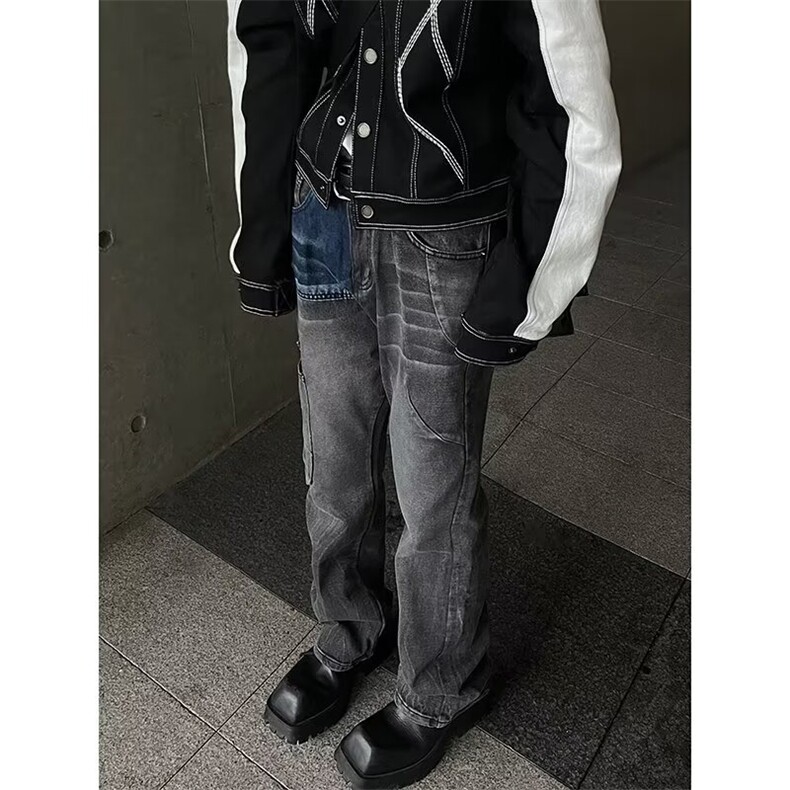 美式复古设计感多口袋做旧拼接牛仔裤男宽松直筒阔腿高街工装裤子图片