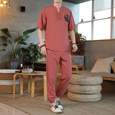 男士夏季冰丝短袖复古风唐装汉服中式居士服风套装ZT2301-P78，男装T恤，星座1105-3