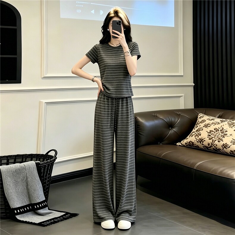 欧货时尚休闲套装女夏季新款圆领条纹撞色短袖上衣阔腿长裤两件套,女装套装/套裙,江南
