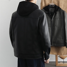 高端商务假两件皮衣羽绒服男士连帽秋冬加厚保暖黑色皮夹克，男装夹克，星座914