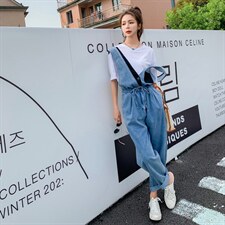 现货新品时尚韩版牛仔背带裤长裤两件套套装，女装连体裤，菡迪欧娜