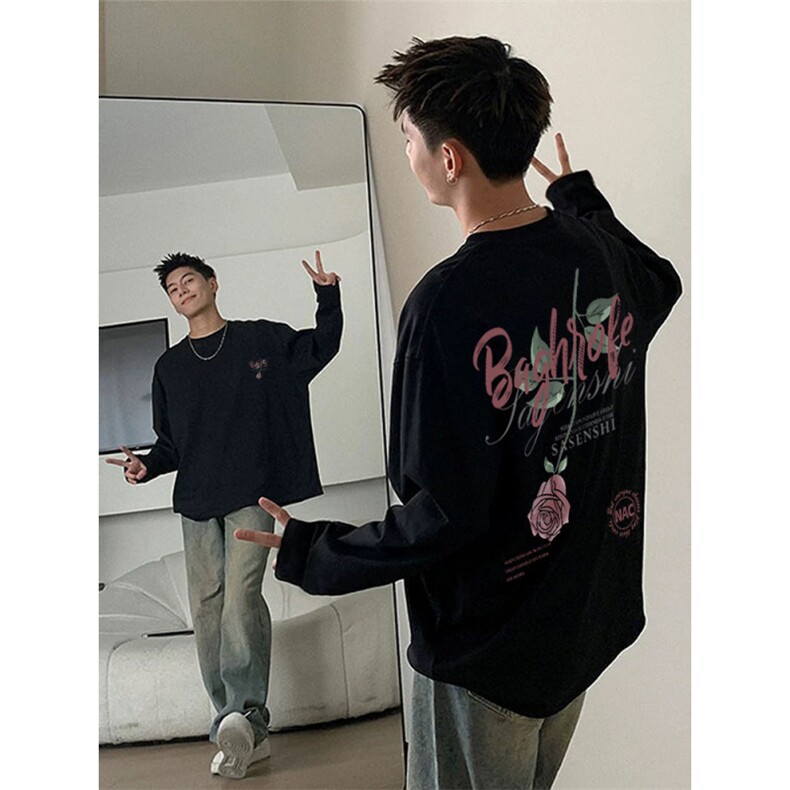 纯棉长袖T恤男春秋季美式复古潮流印花oversize休闲百搭重磅上衣,男装卫衣,星座809A(原222-1)