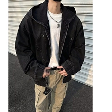 小众重工解构做旧垫肩连帽牛仔外套金属点缀青少年宽松3577/P100，男装夹克，星座506