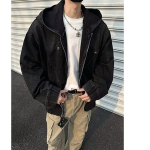 小众重工解构做旧垫肩连帽牛仔外套金属点缀青少年宽松3577/P100图片