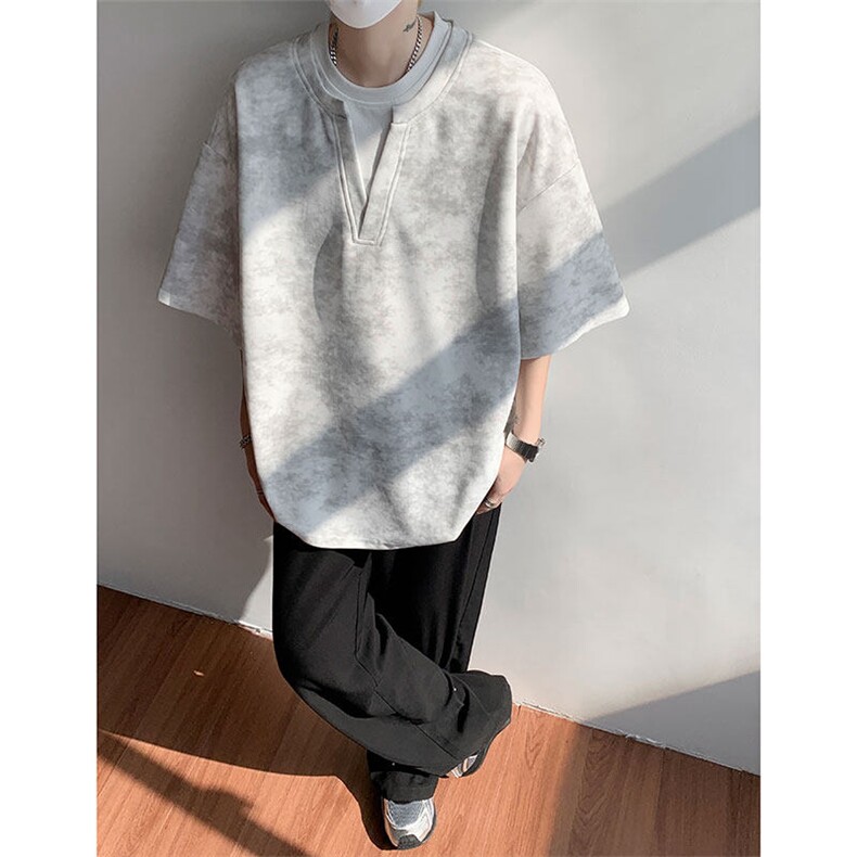 T10126-特批30 控59夏季港风扎染V领假两件短袖T恤男大码宽松上衣图片