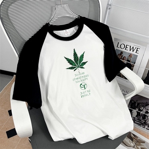 纯棉短袖插肩T恤重磅夏季宽松撞色拼接半袖圆领拼色图片