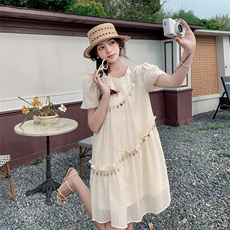 法式泡泡袖连衣裙女2025夏季新款小个子超好看独特漂亮拼接长裙子，女装连衣裙，欣美人
