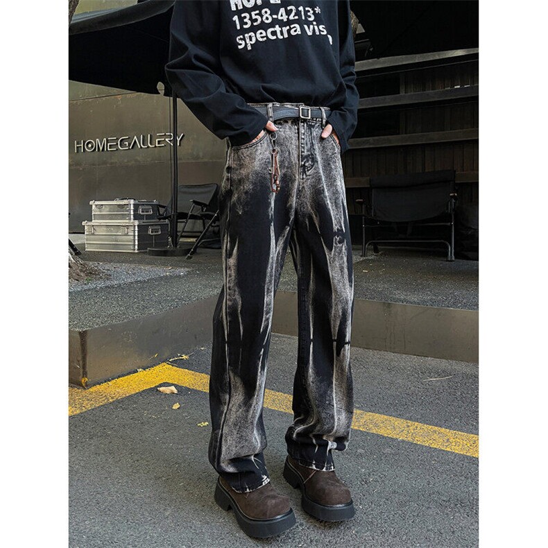 2025新款黑色扎染痞帅炸街微喇直筒弯刀裤青年男现货K8297-P43,男装牛仔裤,星座512-3