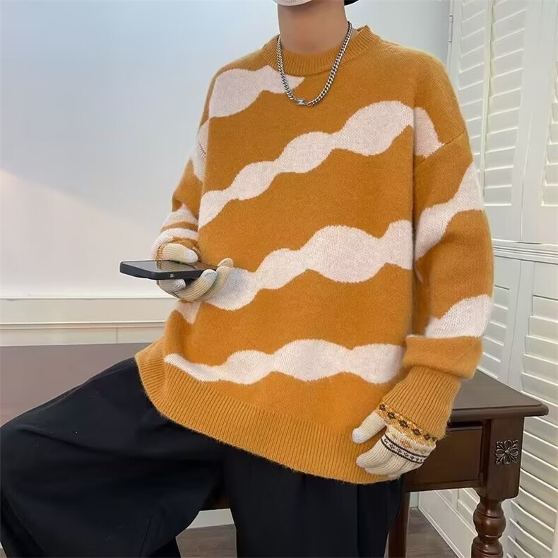 撞色条纹红色毛衣男秋冬季针织衫oversize套头情侣外套M5612/P52,男装针织衫/毛衣,星座506
