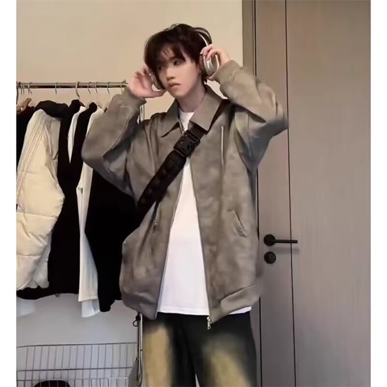 拉链设计外套男款春秋季穿搭高级感痞帅美式机车皮衣夹克潮JKL2,男装皮衣,星座516A