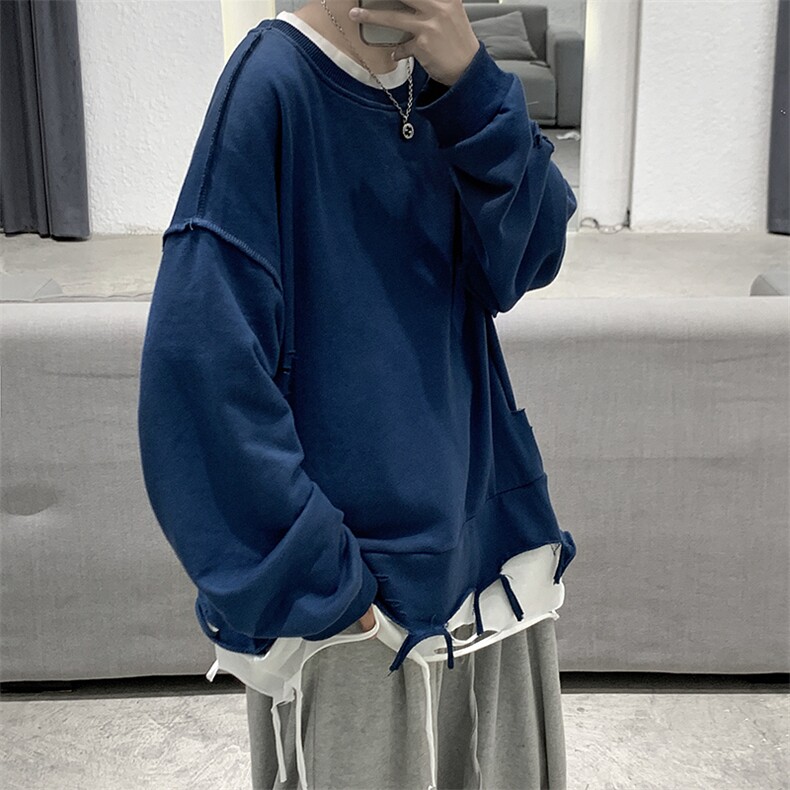 WY33(破洞）OVERSIZE圆领假两件卫衣大皂短句P75控价95,男装卫衣,星座508（原C305）
