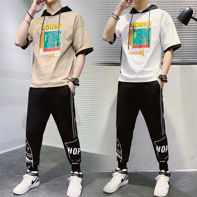 夏季薄款潮流运动休闲两件套印花短袖T恤九分裤套装男TZ230，男装T恤，电商A441