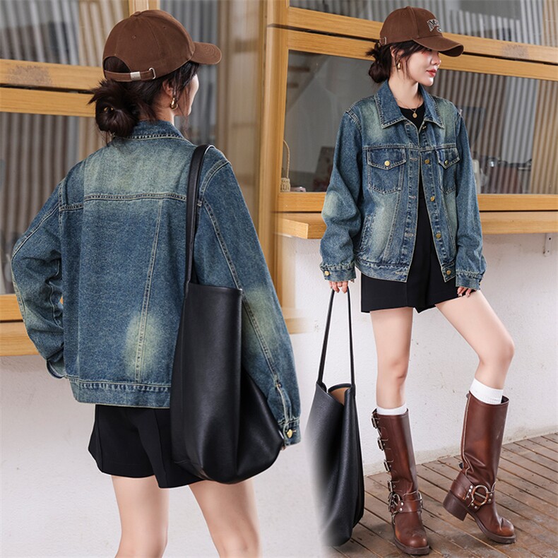 复古牛仔外套女工装风夹克2024秋新港风款宽松显瘦百搭短款上衣潮，女装牛仔外套，江南女神