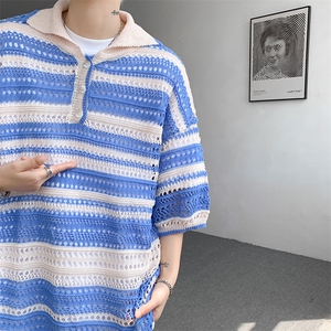 8XL-M 特大码美式复古条纹撞色针织POLO衫翻领休闲短袖TDX311P35图片