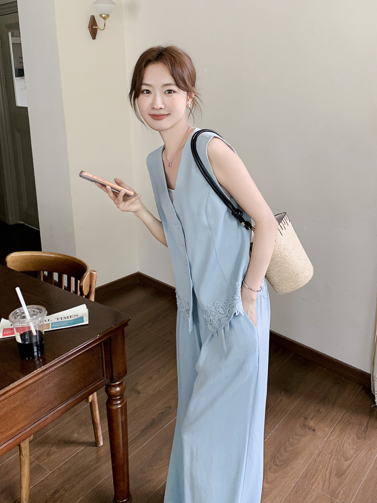 2026夏季新款高级感蕾丝拼接无袖马甲阔腿裤套装女显瘦气质两件套,女装套装/套裙,霓裳依族