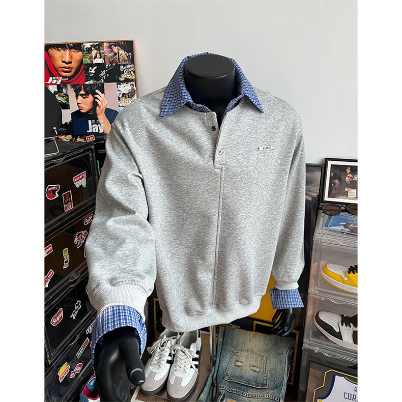 WY10-P5825春装假两件套头卫衣格子拼接上衣套头衫内搭,男装卫衣,电商B327