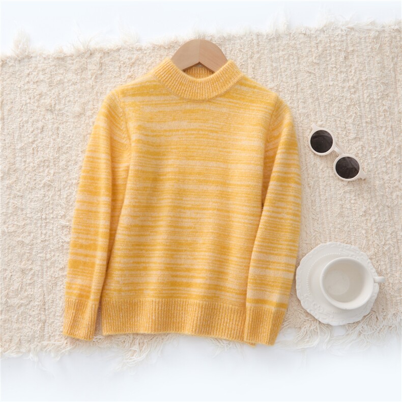 儿童半高领山羊绒男童秋冬加厚拼色条纹中大童女童打底毛衣，童装儿童羊绒衫，跳跳羊儿童羊绒衫