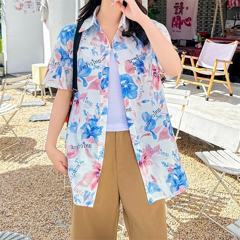 海边旅游度假风短袖花衬衫女夏威夷ins沙滩衬衣复古港风CS128/P30，女装衬衫，星座506