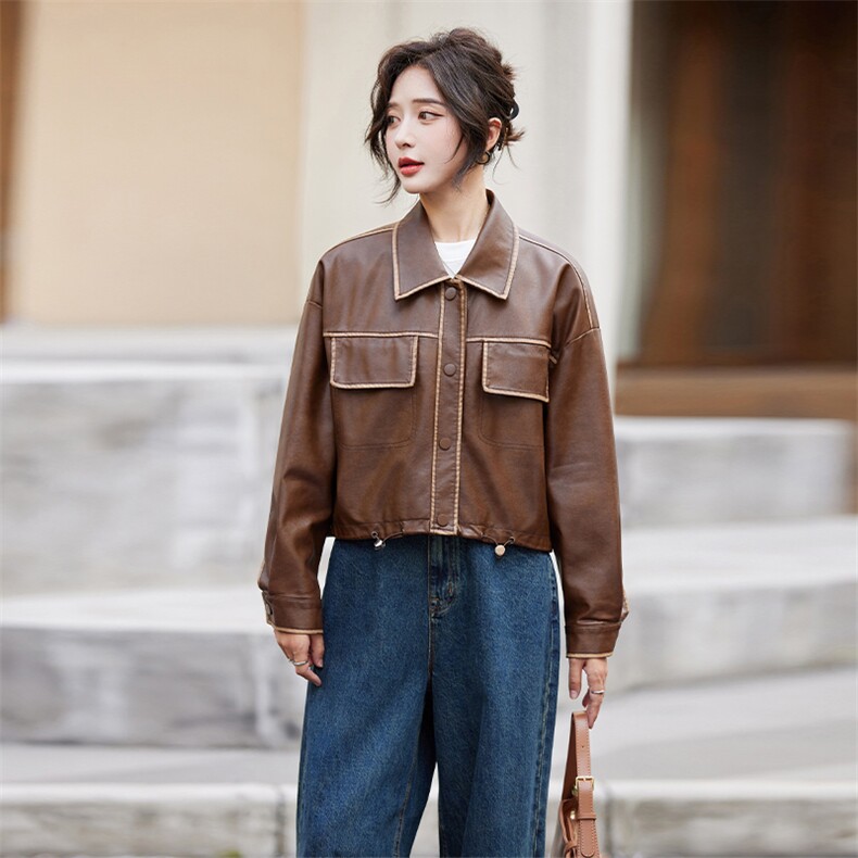 短款皮衣外套女2024秋季新款宽松休闲美式复古美拉德机车夹克上衣,女装皮衣,江南女神