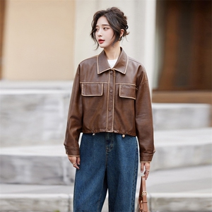 短款皮衣外套女2024秋季新款宽松休闲美式复古美拉德机车夹克上衣图片