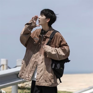 牛仔外套高街男ins潮水洗做旧渐变oversize棕色刺绣夹克X336/P55图片