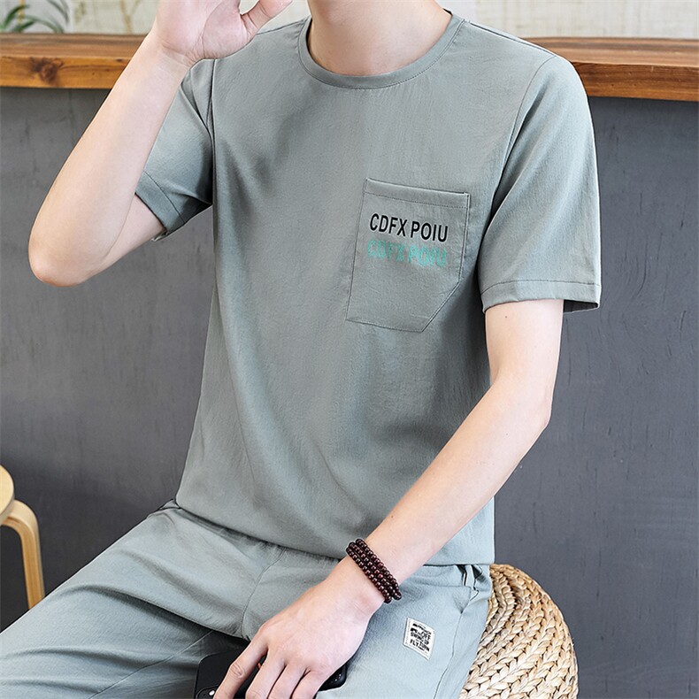 亚麻套装中国风男棉麻短袖t恤夏天薄款大码宽松复古唐装TZ67-P45,男装T恤,星座509