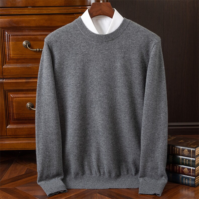 品质男羊绒圆领套头毛衣冬季加厚保暖长袖针织衫经典灰色显瘦百搭，男装羊绒套衫，欧力羊绒